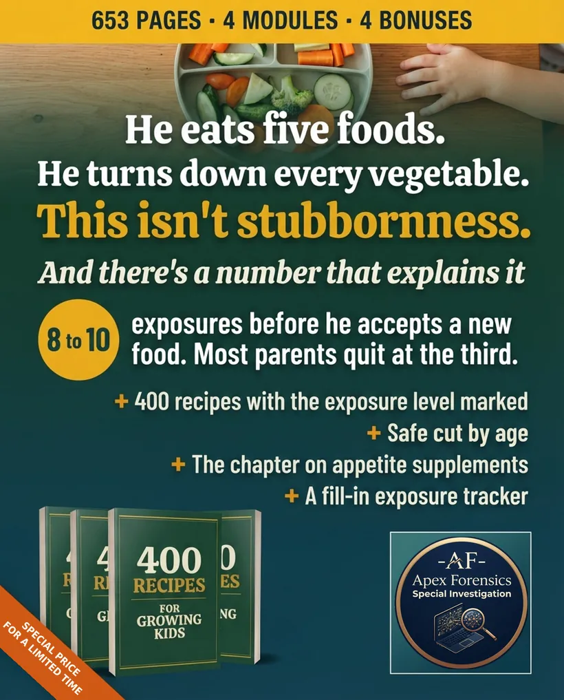 Eight to ten exposures before he accepts a new food; most parents quit at the third