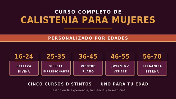 Curso completo de calistenia para mujeres, personalizado por edades: 16-24 belleza divina, 25-35 silueta impresionante, 36-45 vientre plano, 46-55 juventud visible, 56-70 elegancia eterna. Cinco cursos distintos, uno para tu edad