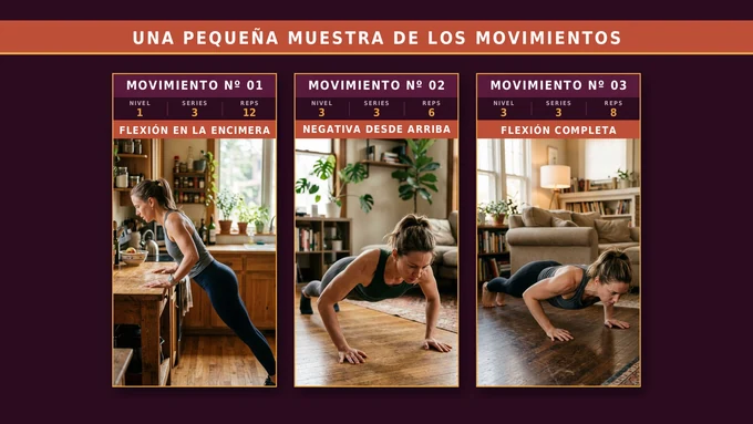 Una pequeña muestra de los movimientos: flexión en la encimera, negativa desde arriba y flexión completa, con su nivel, series y repeticiones