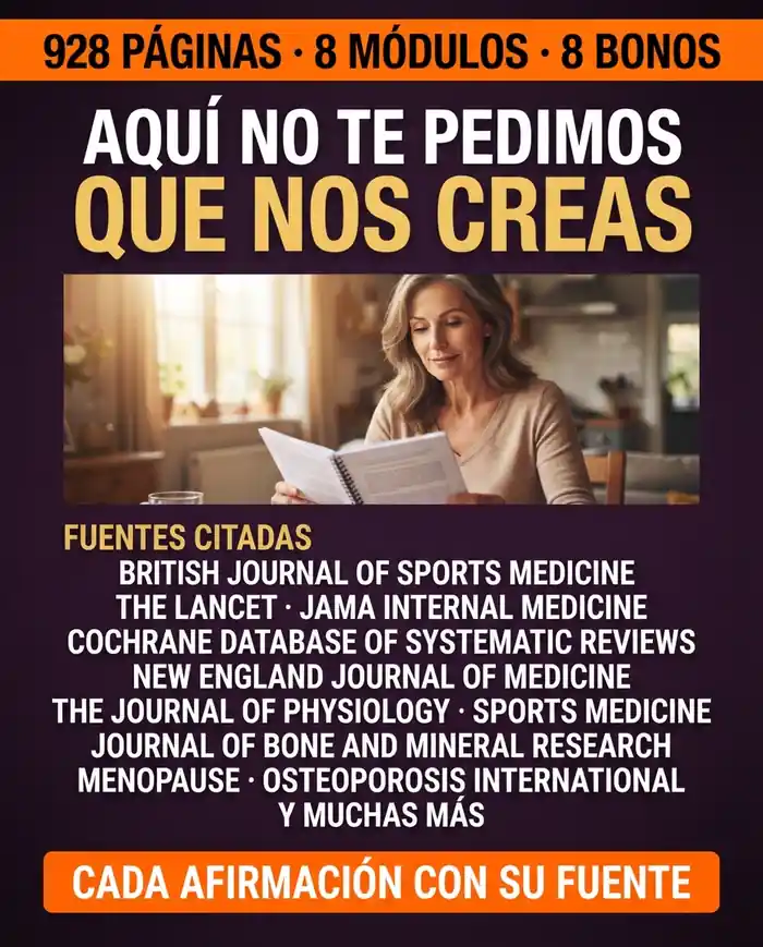 Fuentes citadas: British Journal of Sports Medicine, The Lancet, JAMA Internal Medicine, Cochrane, New England Journal of Medicine, The Journal of Physiology, Sports Medicine, Journal of Bone and Mineral Research, Menopause y Osteoporosis International