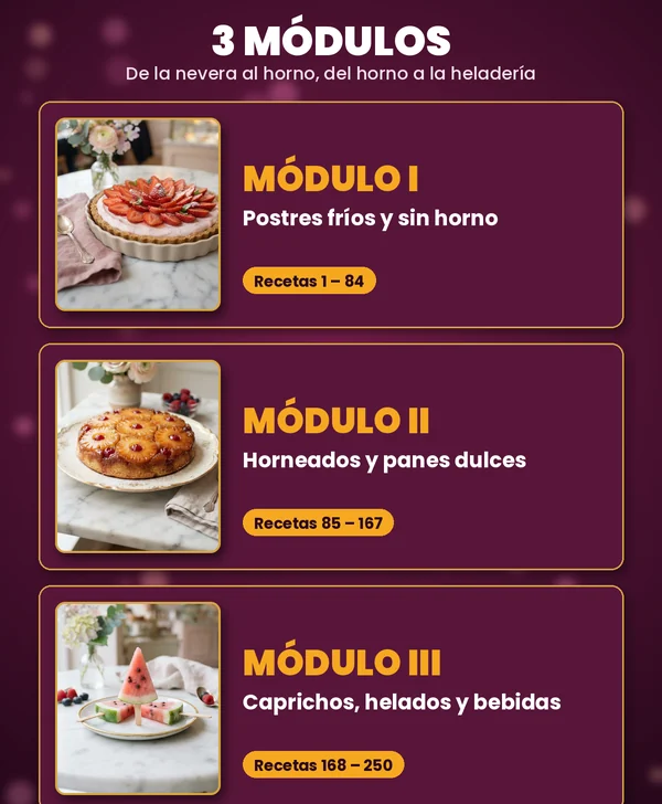 Los 3 módulos del recetario de postres sin azúcar