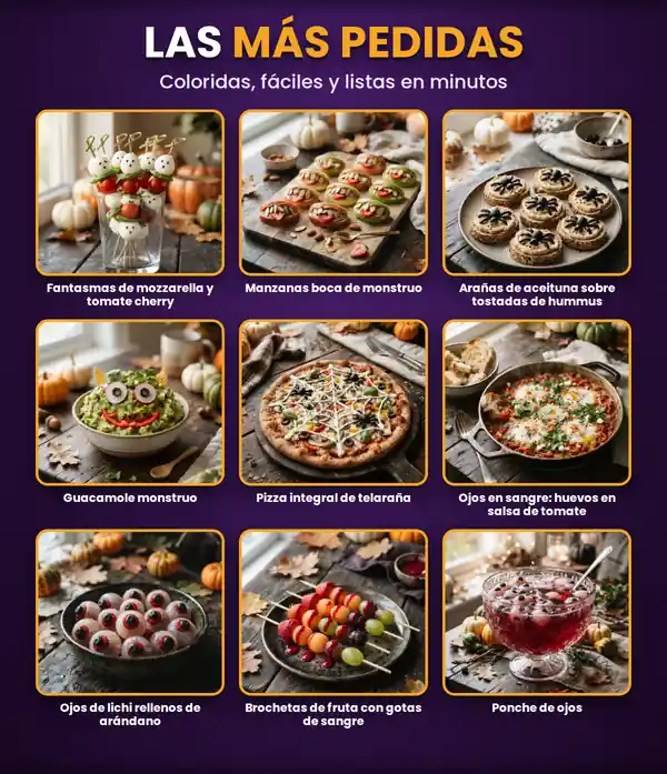 Las más pedidas: fantasmas de mozzarella, manzanas boca de monstruo, arañas de aceituna, guacamole monstruo, pizza de telaraña, ojos en sangre, ojos de lichi, brochetas de fruta y ponche de ojos