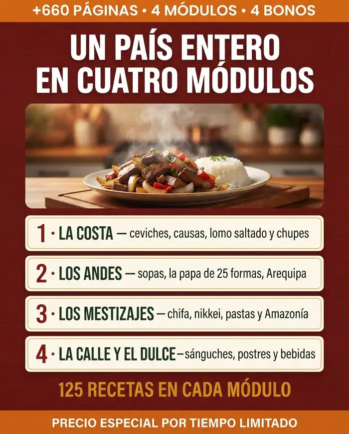 Un país entero en cuatro módulos: la costa, los andes, los mestizajes y la calle y el dulce, con 125 recetas en cada uno