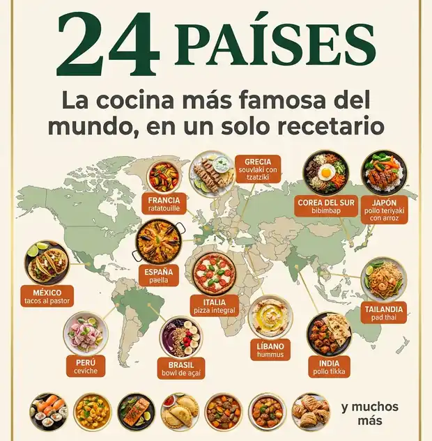 Las 1.500 recetas vienen de 24 países: Francia, España, Italia, Grecia, Japón, Corea del Sur, Tailandia, India, Líbano, México, Perú, Brasil y muchos más