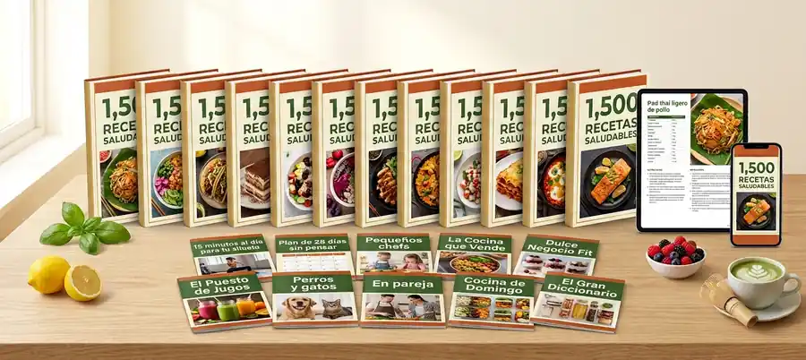 Todo lo que recibes: los 12 módulos de 1,500 Recetas Saludables, los 10 bonos de regalo —15 minutos al día para tu silueta, Plan de 28 días sin pensar, Pequeños chefs, La Cocina que Vende, Dulce Negocio Fit, El Puesto de Jugos, Perros y gatos, En pareja, Cocina de Domingo y El Gran Diccionario— y las recetas abiertas en tablet y en móvil