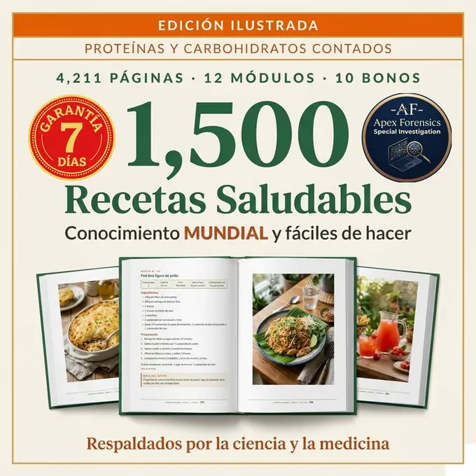 1,500 Recetas Saludables Ilustradas: 4.211 páginas, 12 módulos y 10 bonos, con respaldo científico y médico