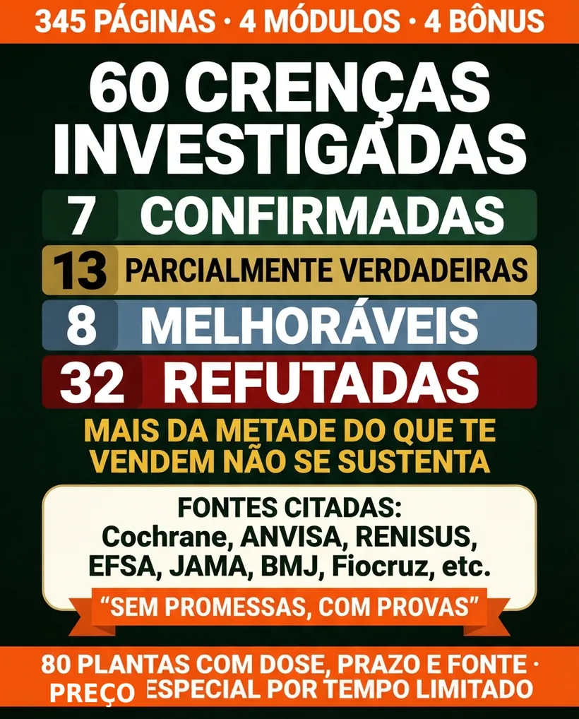 Sessenta crenças investigadas, com os selos de resultado e as fontes citadas