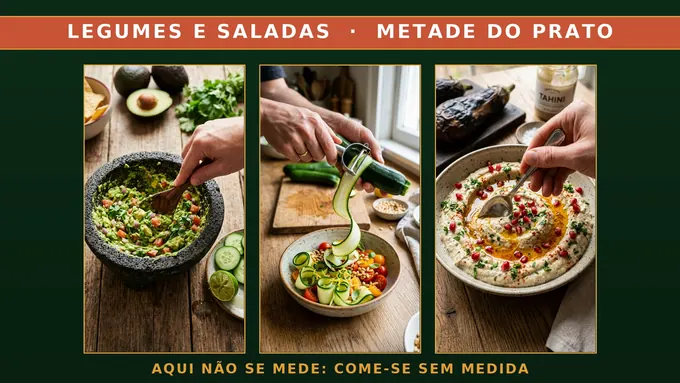 Legumes e saladas, metade do prato: aqui não se mede, come-se sem medida